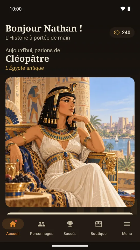 Écran d'accueil de Re:Past avec Cléopâtre, personnage du jour