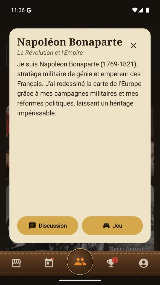 Carte de Napoléon Bonaparte retournée, avec les boutons Discussion et Jeu