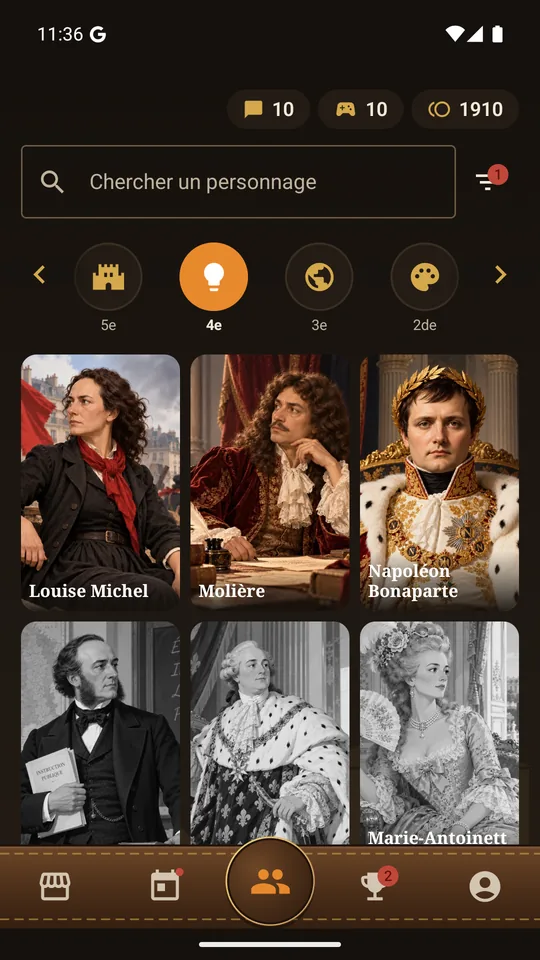 Écran des personnages de Re:Past : les cartes en couleur sont les personnages débloqués