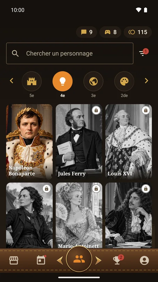 Écran des personnages de Re:Past : les cartes en couleur sont les personnages débloqués